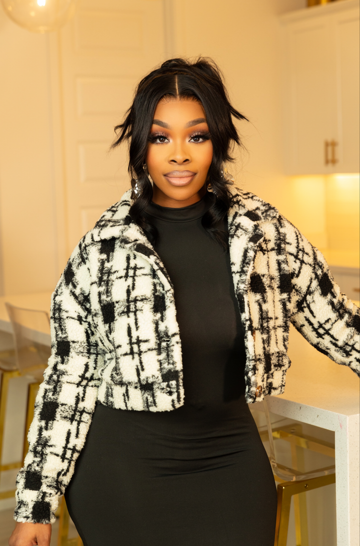 Black and white plaid sherpa jacket on sale